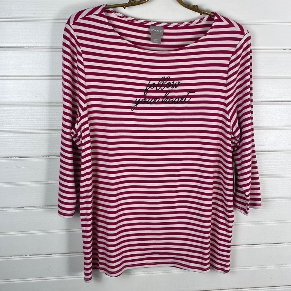 Chico’s Follow Your Heart Striped Tee Size 1/Medium